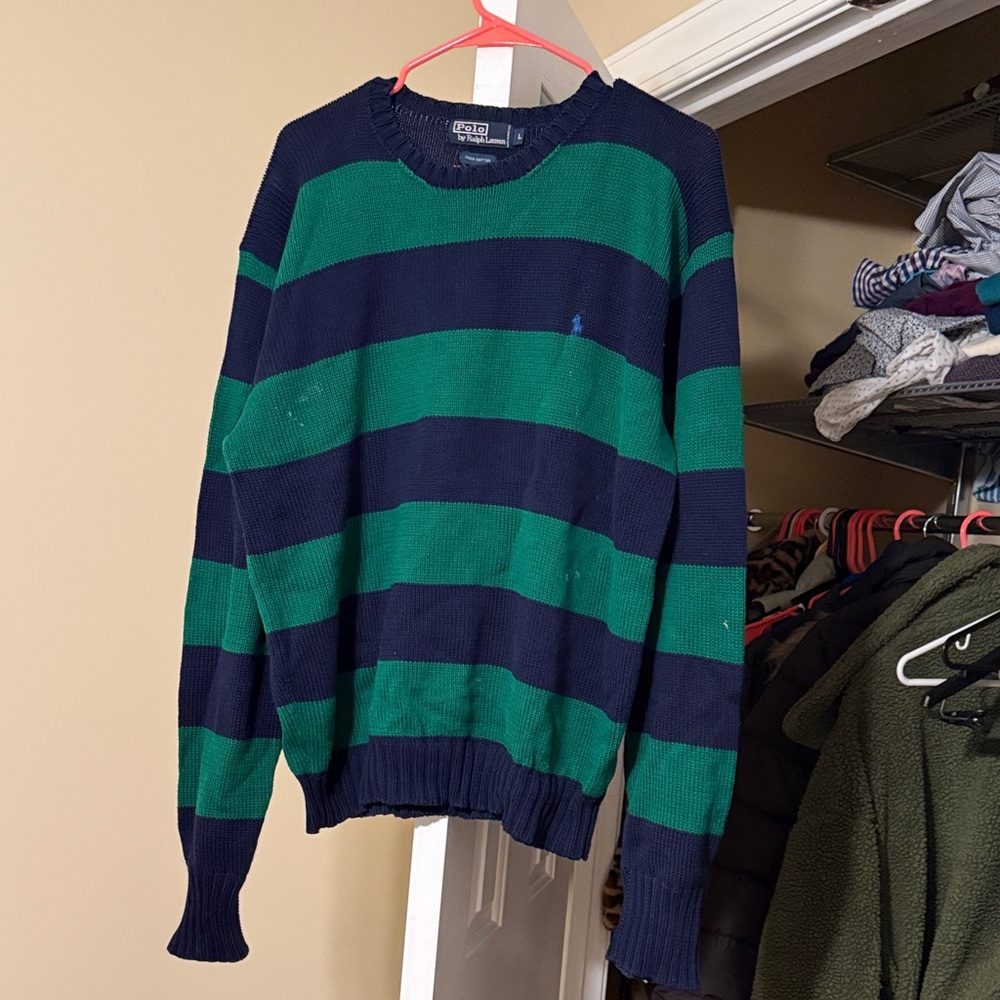 Polo by Ralph Lauren Navy and Green Striped Crewneck Sweater
